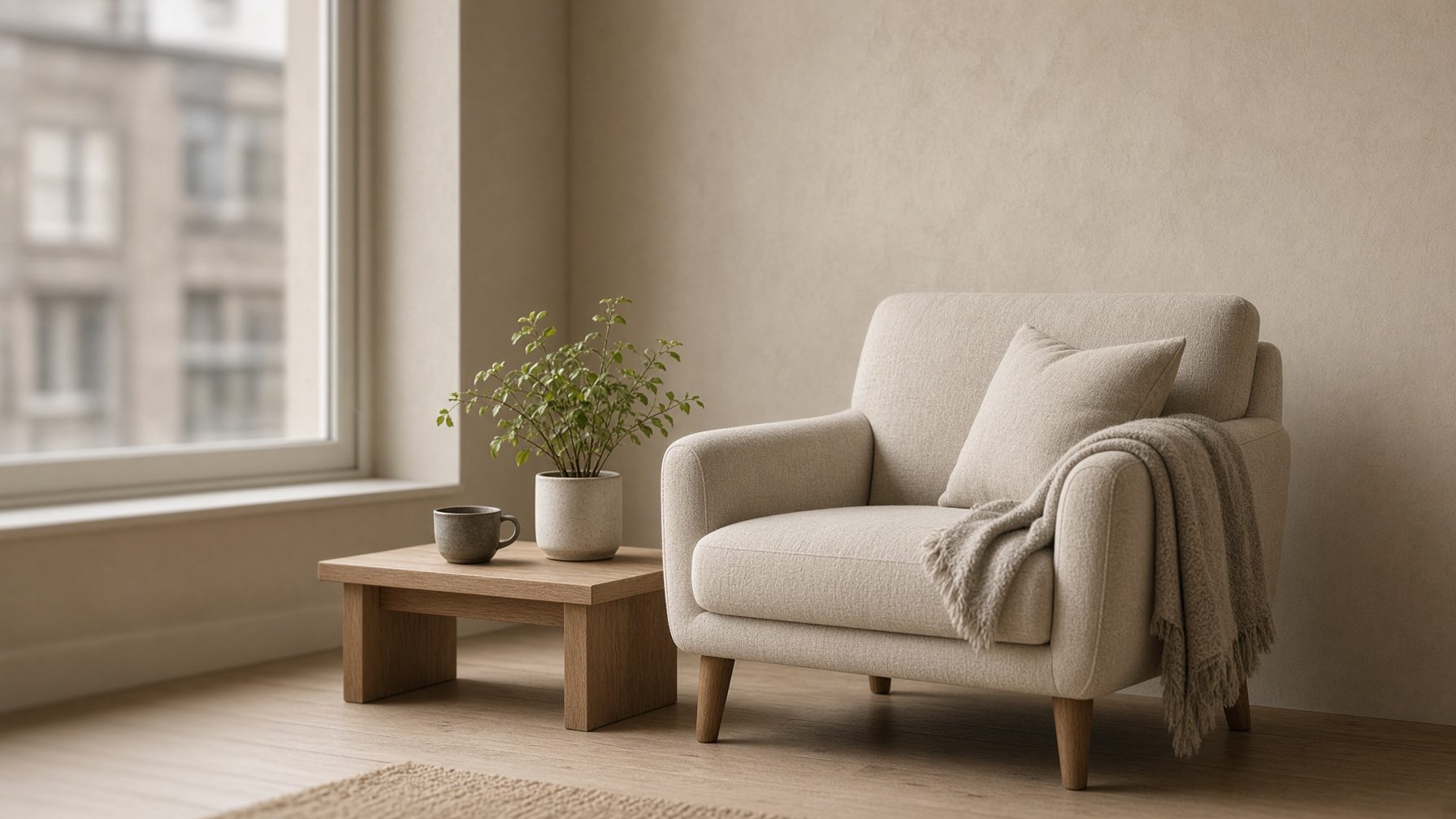 A quiet consulting room with a linen chair and soft window light